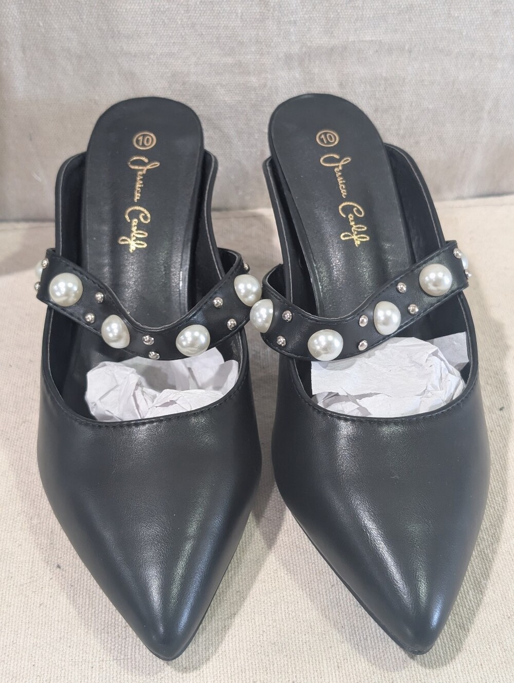 Jessica Carlyle Adelia Mules Heels Size 10 Pearl Banded Black Pointed Toe NWOT
